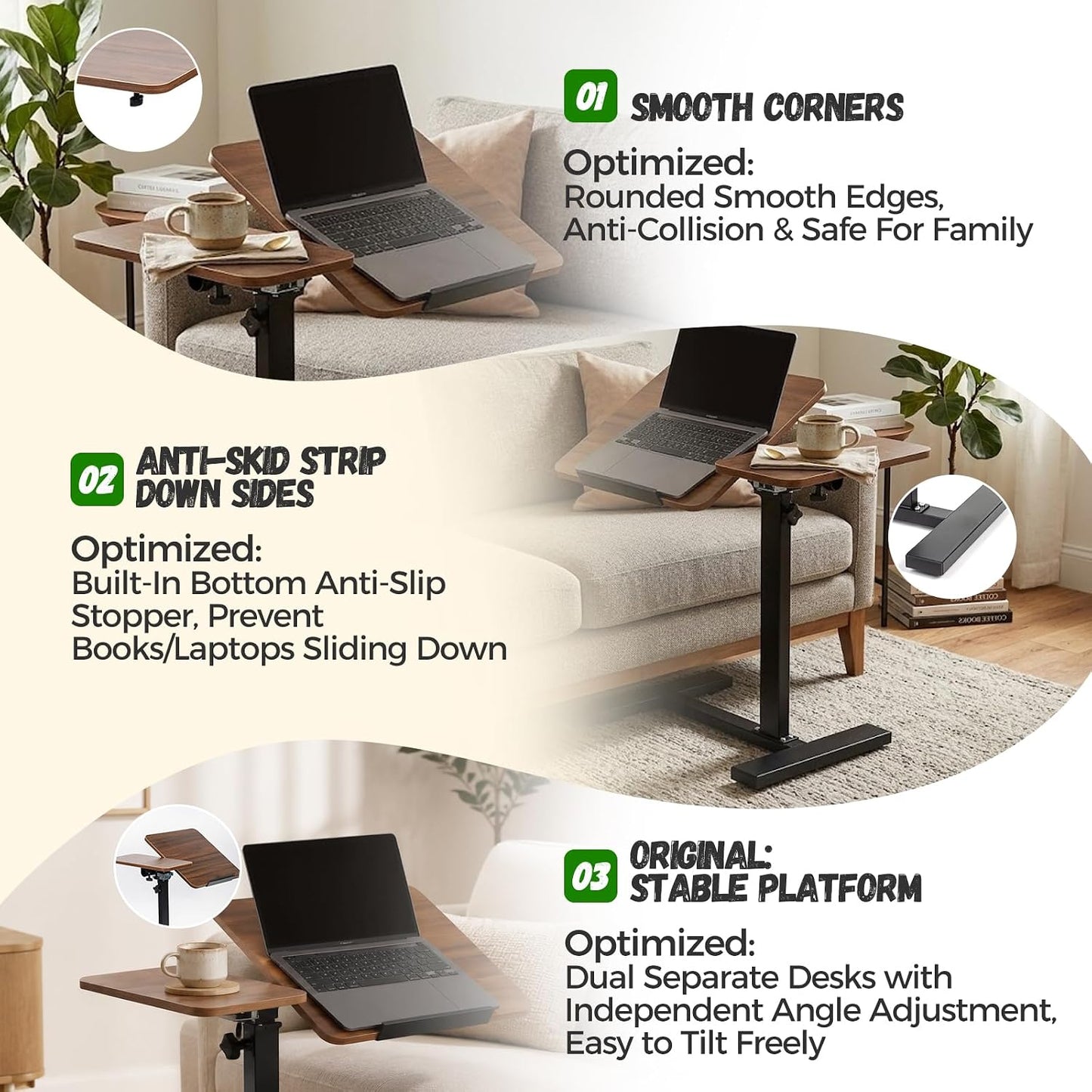 Extra-Large C-Shaped Side Table – Height Adjustable Mobile Sofa & Bedside Table