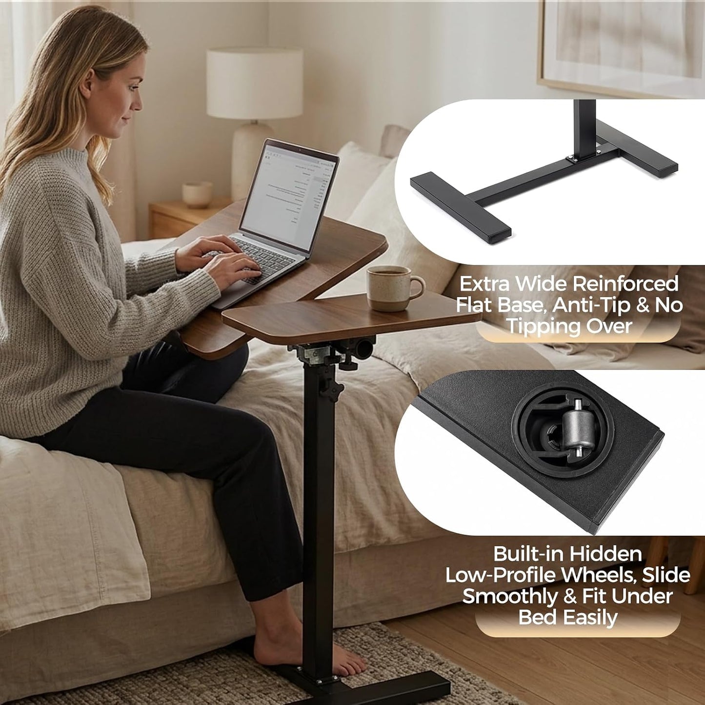 Extra-Large C-Shaped Side Table – Height Adjustable Mobile Sofa & Bedside Table