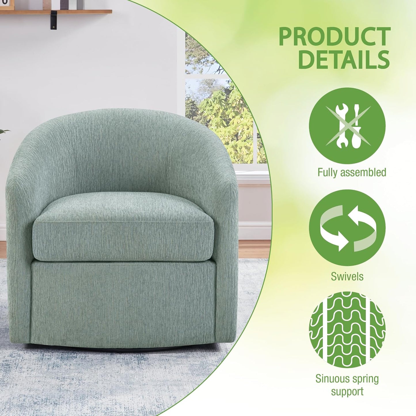 Coastal Upholstered Swivel Chair – Cozy Barrel Accent Chair with 360° Comfort