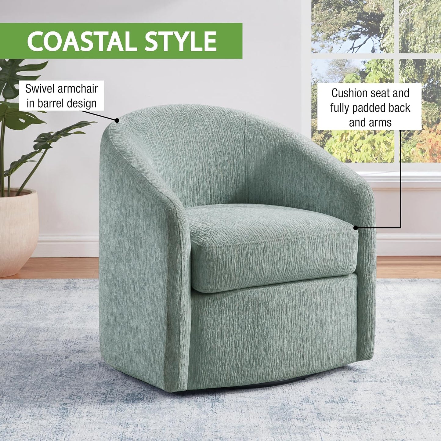 Coastal Upholstered Swivel Chair – Cozy Barrel Accent Chair with 360° Comfort
