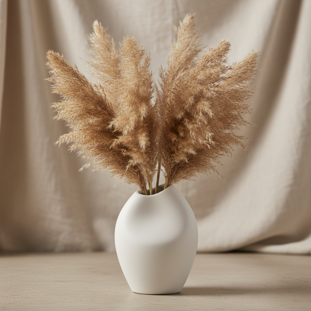 Elegant white ceramic vase with dried pampas grass