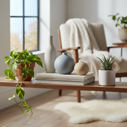 Ceramic vase set styled on living room shelf