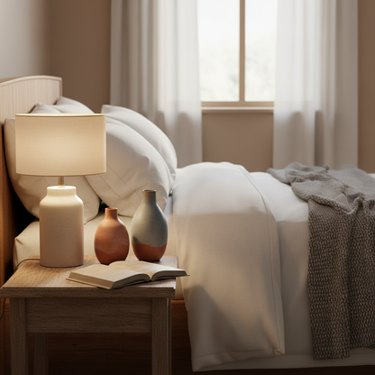 Ceramic vase on bedside table in cozy bedroom