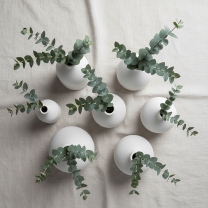 Top-down flat lay of white ceramic vases with eucalyptus