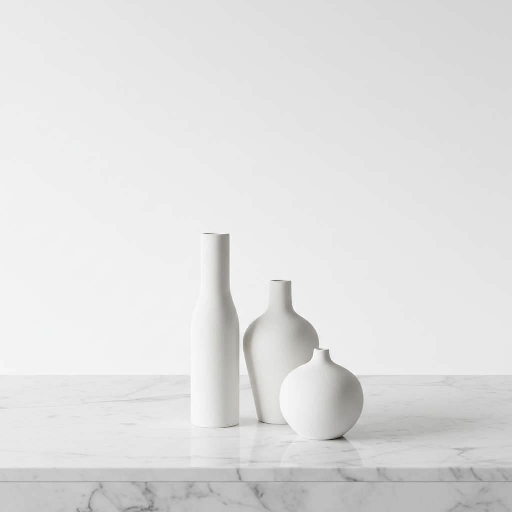 Set of three minimalist ceramic vases on marble