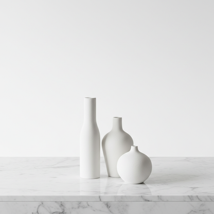 Set of three minimalist ceramic vases on marble