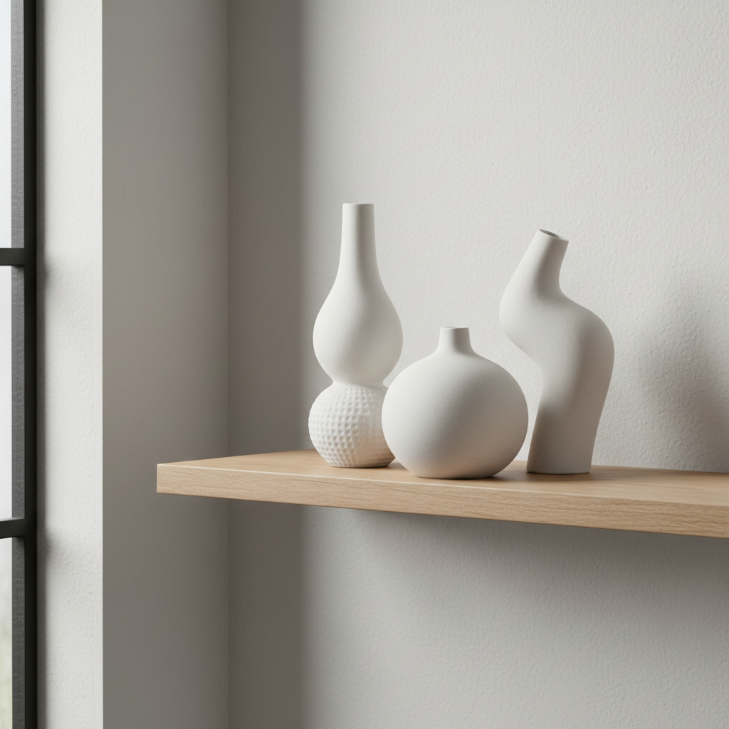 Minimalist white ceramic vase set on wooden shelf